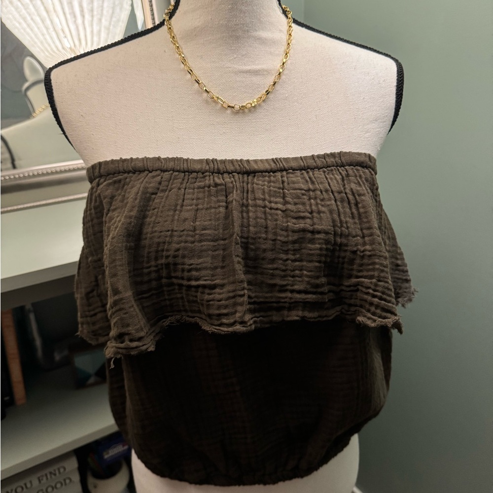Michael Stars Brown Smocked Ruffled Crop Top